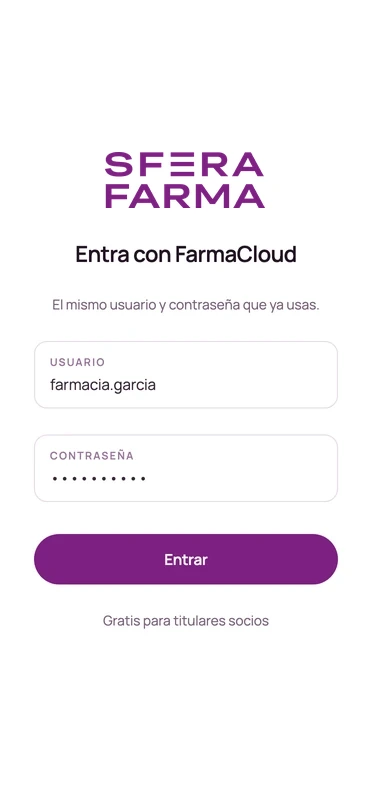 Pantalla de acceso con el usuario de FarmaCloud, con el logotipo de Sfera Farma