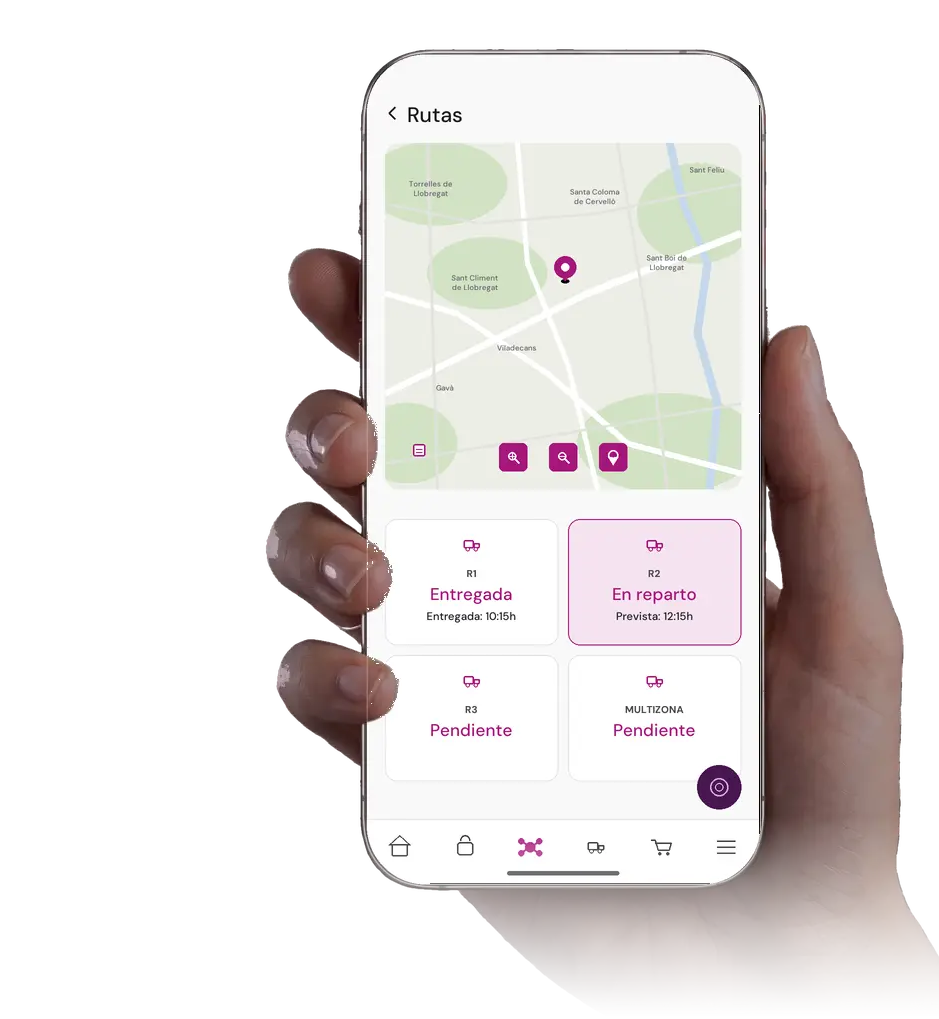 La app en rutas: el camión avanza por el mapa hacia la farmacia y cada ruta muestra su estado y su hora prevista.